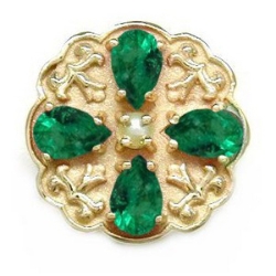 N610 14K PEAR SHAPE EMERALDAL & PEARL SLIDE WITH FLEUR DE LIS DETAIL 